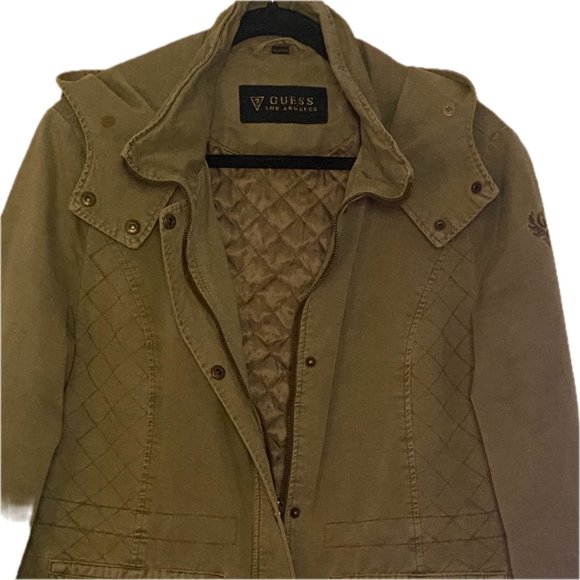 😊Guess Army Style Utility Jacket Cotton Chore Coat Zip Snap Hood Pockets Size M - Picture 16 of 16